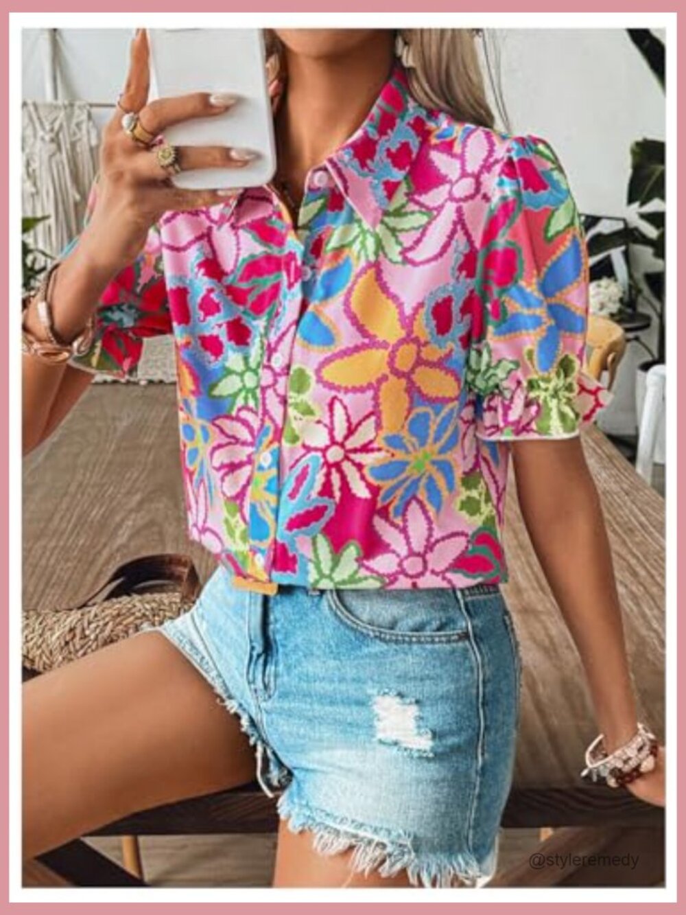 Floral Print Button Down Blouse Ruffle Short Puff Sleeve Boho Top - Picture 3 of 6